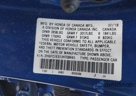 2018 Honda Civic Si from USA, damaged, VIN 2HGFC1E51JH708445